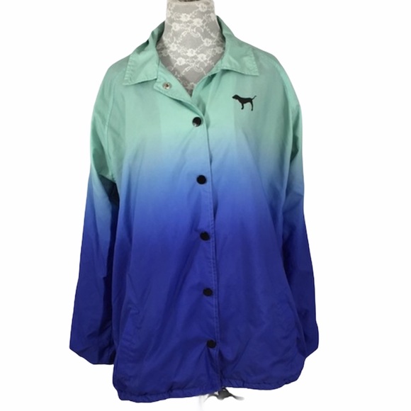 PINK Victoria's Secret Jackets & Blazers - VS Pink Green Blue Ombre Snap Button Rain Jacket